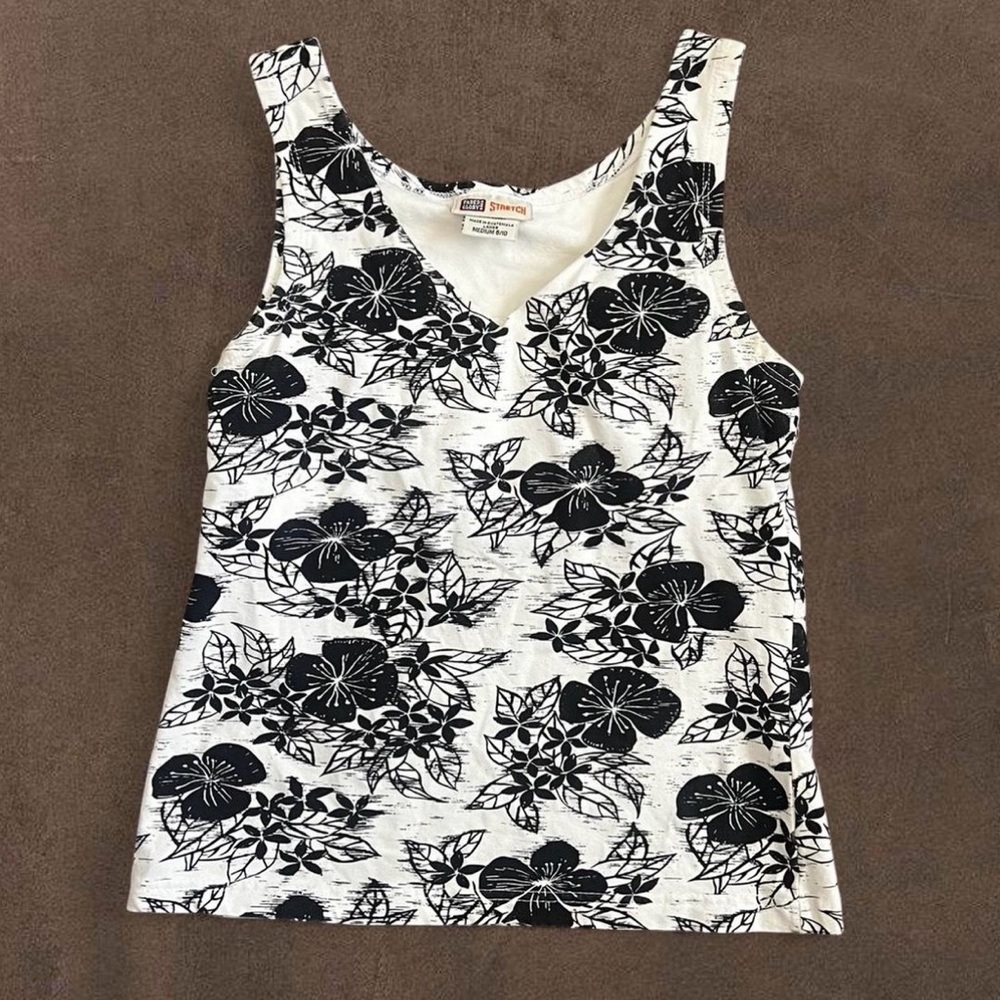 Faded Glory White Tank Top with Black Floral Print